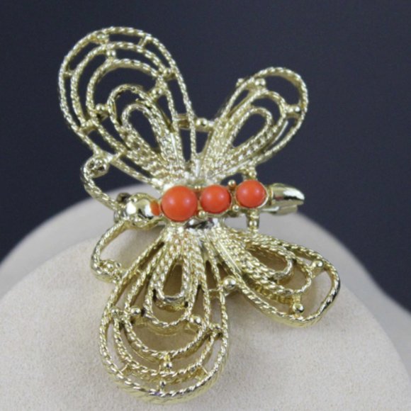 VTG butterfly brooch signed Gerrys goldtone with coral beads - Picture 4 of 8